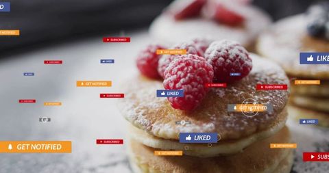 Stacked pancakes topped with raspberries and powdered sugar with social media badges