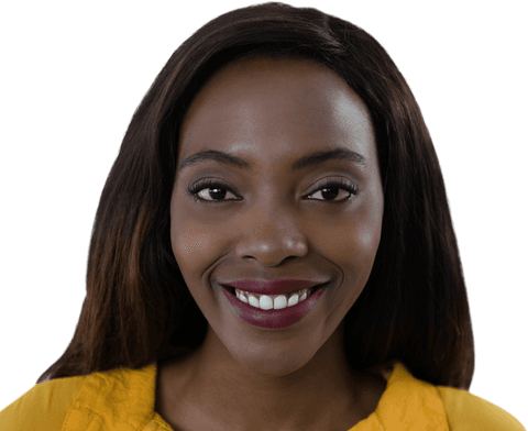 Transparent black woman smiling in yellow top, close-up portrait