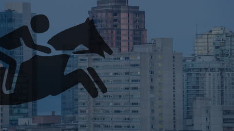 Silhouette of Horse Rider Over Urban Cityscape