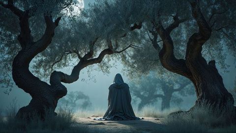 Kneeling hooded figure in enlightening moonlit grove evoking jesus' spiritual solitude
