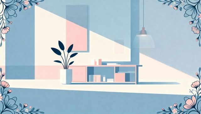 Pastel minimalist living room bathing in sunlight with low console, potted plant and pendant lamp
