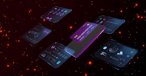 Floating purple smartphone displaying virtual credit card and holographic fintech dashboards