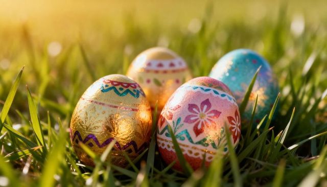Sunlit Metallic Easter Eggs with Hand-Painted Floral Patterns Nestling in Green Grass