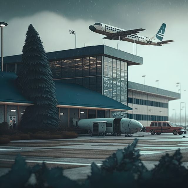 Modern airport building and plane created using generative ai technology. Airport, transport and travel concept digitally generated image.