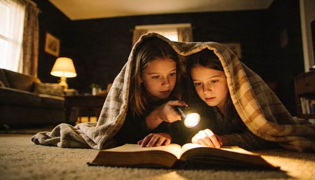 Two girls reading under plaid blanket with flashlight on living room carpet at cozy night