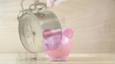 Conceptual Finance Scene with Piggy Bank and Falling Clock