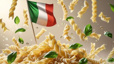 Fusilli pasta with italian flag and basil leaves