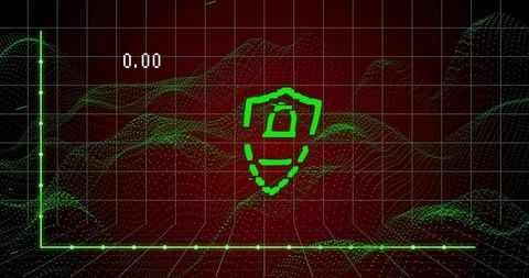 Neon cybersecurity shield on 3d data grid with green point-cloud analytics interface ui