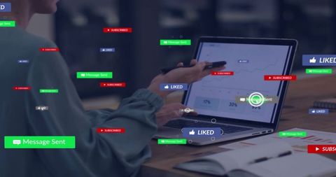 Businesswoman analyzing social analytics on laptop with engagement notifications