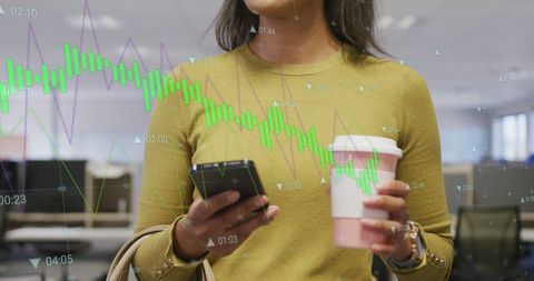 Businesswoman Analyzing Financial Data with Smartphone and Coffee