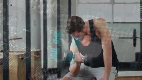 Male athlete performing one-arm dumbbell curls with real-time fatigue tracking overlay