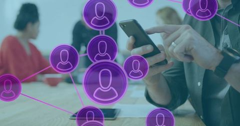 Smartphone Networking and Remote Collaboration with Team Meeting Purple Overlay