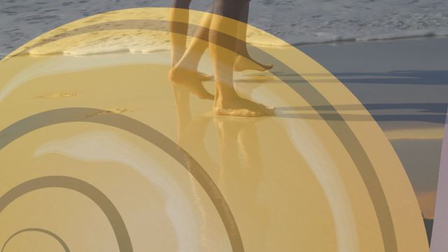 Search-generated animation featuring bare feet walking on wet sandy beach. Overlay of abstract yellow rings reminiscent of sun, nature, and calmness. Ideal for travel, tourism campaigns promoting beach destinations, leisure brands, and environmental awareness projects.