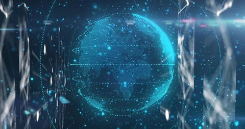 Rotating holographic globe of cyan digital particles in virtual data network