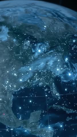 Vertical Rotating Digital Globe with Glowing Nodes and Swirling Data Grid for Tech Visuals