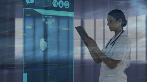Doctor Analyzing Medical Data on Tablet Interface