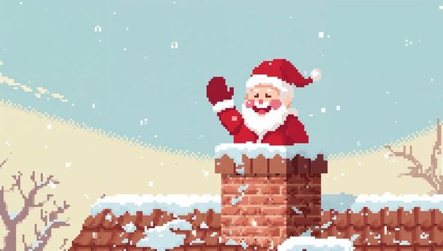 Pixel santa waving from snowy chimney on retro 8-bit pastel winter roof holiday scene