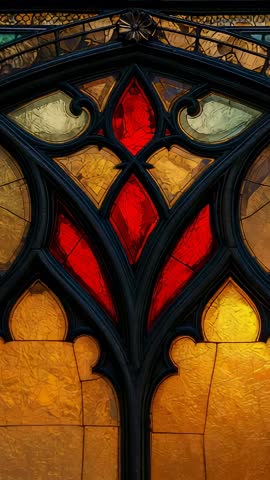 Vertical video revealing Gothic stained glass tracery with ornate amber and red panels