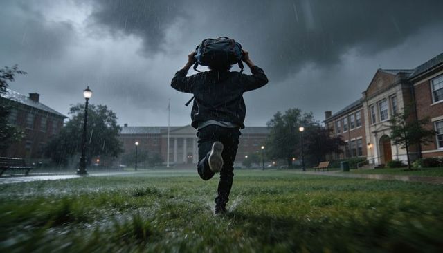 Student running through stormy campus quad holding backpack overhead splashing rain