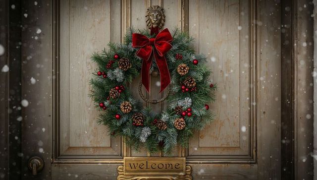 Vintage evergreen wreath with red velvet bow on weathered door and brass lion knocker, falling snow