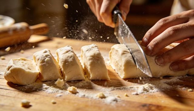 Hands slicing floured dough log into pastry pieces on wooden board with rolling pin