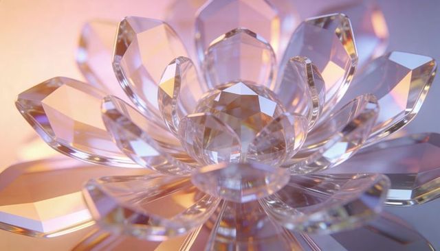 Crystal lotus sculpture reflecting warm peach and cool lavender light on glossy surface