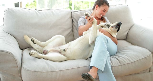 Laughing woman petting her labrador dog on the couch at home in the living room