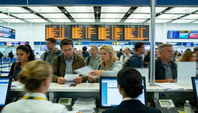 Passengers checking in at busy airport desk holding passports and boarding passes