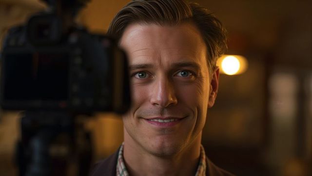 Smiling male presenter filming on DSLR in cozy studio lounge with warm bokeh lighting