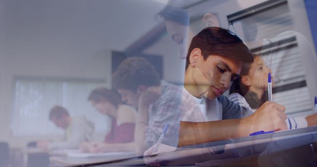 Teen boy focusing and writing in classroom while other students studying in background. Perfect for educational content, school promotions, learning-focused blogs and study programs promotions.