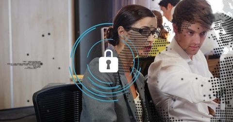 Business professionals collaborating on cybersecurity dashboard with padlock overlay