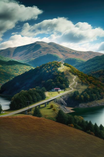 Vertical image of landscape, clouds over hills and bridge, created using ai technology. nature, digitally generated image.