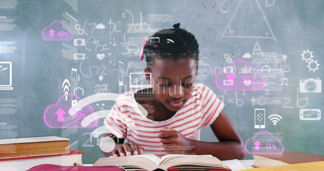 Image of an African American schoolgirl learning by herself with clouds and numbers, data processing, coronavirus Covid 19 spreading. Education home schooling social distancing and self isolation in quarantine lockdown coronavirus Covid-19 pandemic concept digital composite.