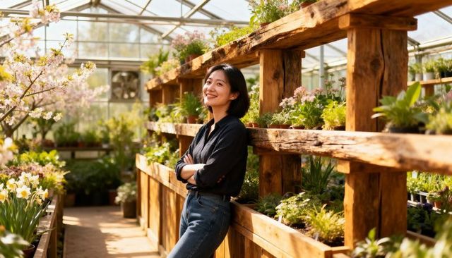 Smiling woman tending sunlit greenhouse plants on rustic wooden nursery shelves
