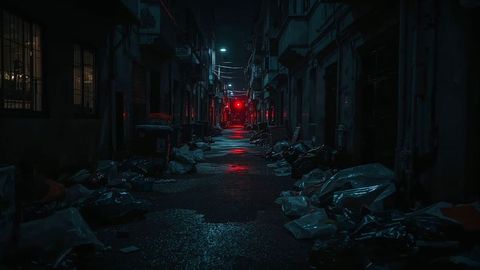 Moody Nighttime Urban Alley with Reflective Glow