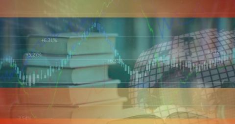 Books and globe with financial charts for knowledge and innovation concepts