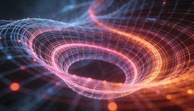 Neon wireframe vortex spiraling into dark void with glowing nodes