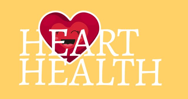 Illustration of smiling heart shape emoticon with heart health on yellow background, copy space. Vector, world heart day, raise awareness, prevent and control cvd, encourage heart-healthy living.