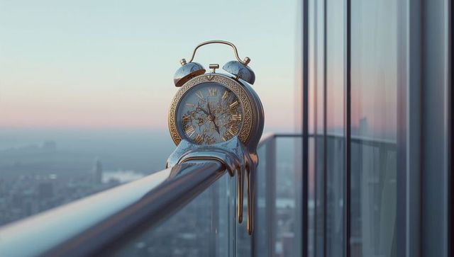 Melting vintage alarm clock on urban high-rise balcony
