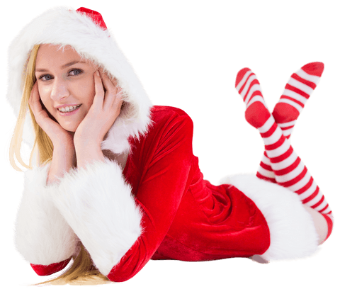 Transparent Holiday Cheer Young Woman Smiling in Santa Outfit