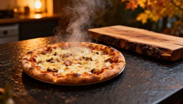 Steaming freshly baked pepperoni and mushroom pizza on rustic dark stone countertop
