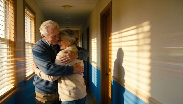 Senior couple embracing in sunlit hallway with striped blinds casting shadows