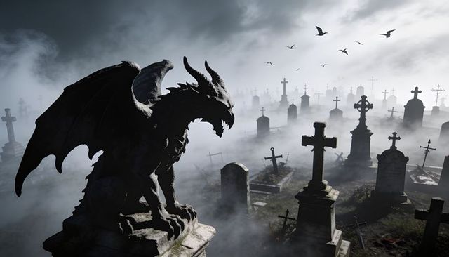 Stone gargoyle guarding foggy graveyard, gothic winged statue overlooking misty tombs