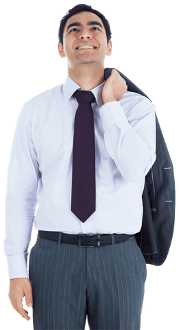Confident businessman smiling with suit on shoulder transparent background