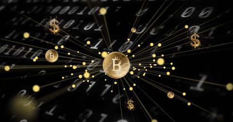 Digital bitcoin and dollar symbols on binary background