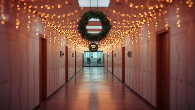 Festive Illuminated Office Hallway with Wreath