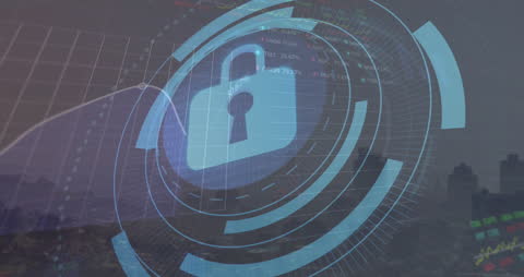 Digital Security Lock with Cityscape and Market Data Overlay