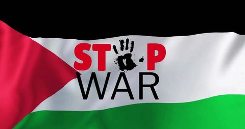 Stop war message on waving palestinian flag for peace promotion