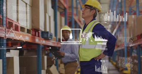 Warehouse Supervisor Inspecting Pallet Racking With Digital Analytics Overlays