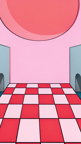 Vertical surreal corridor featuring pink walls, red circle and checkered floor loop